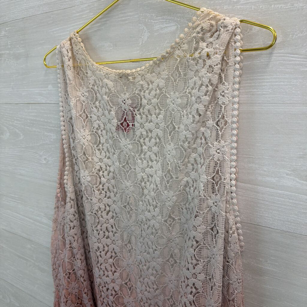 Oddi Beige/ Pink Ombre Flower Lace Sleeveless Open Front Top 2XL/ 3XL