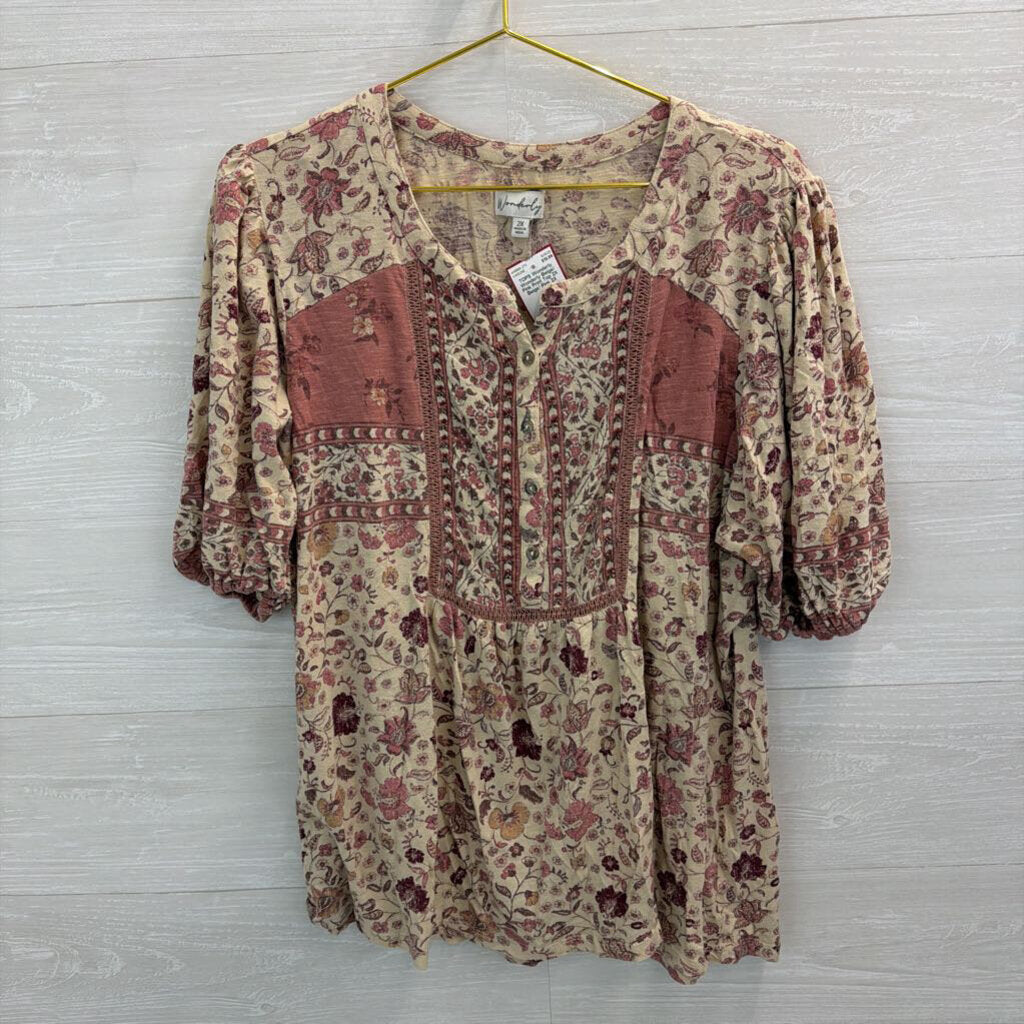 Wonderly Beige/ Pink Print Top 2X