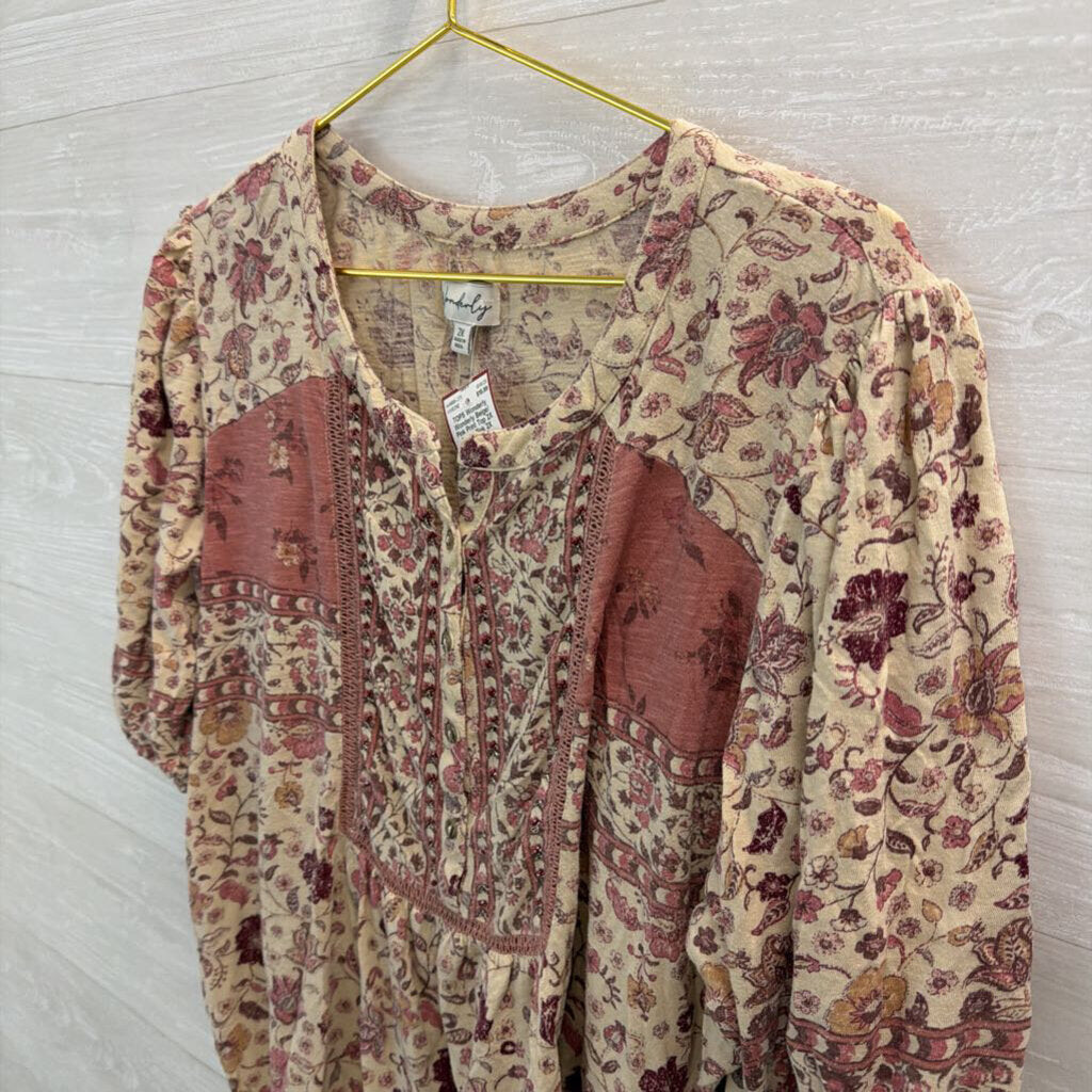 Wonderly Beige/ Pink Print Top 2X