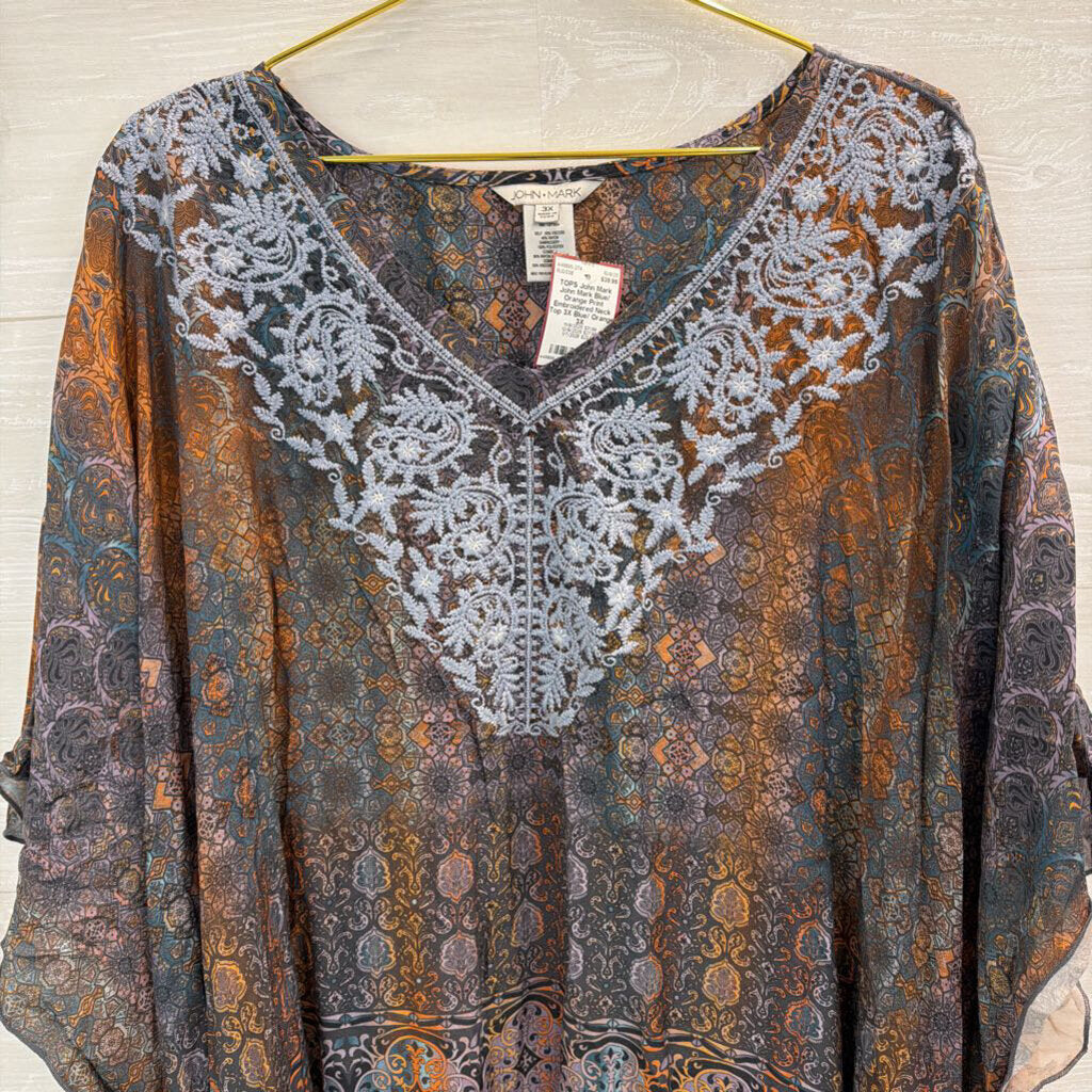 John Mark Blue/ Orange Print Embroidered Neck Top 3X