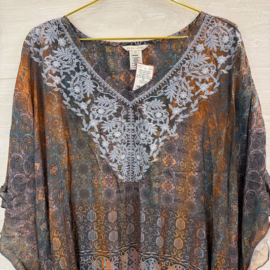 John Mark Blue/ Orange Print Embroidered Neck Top 3X