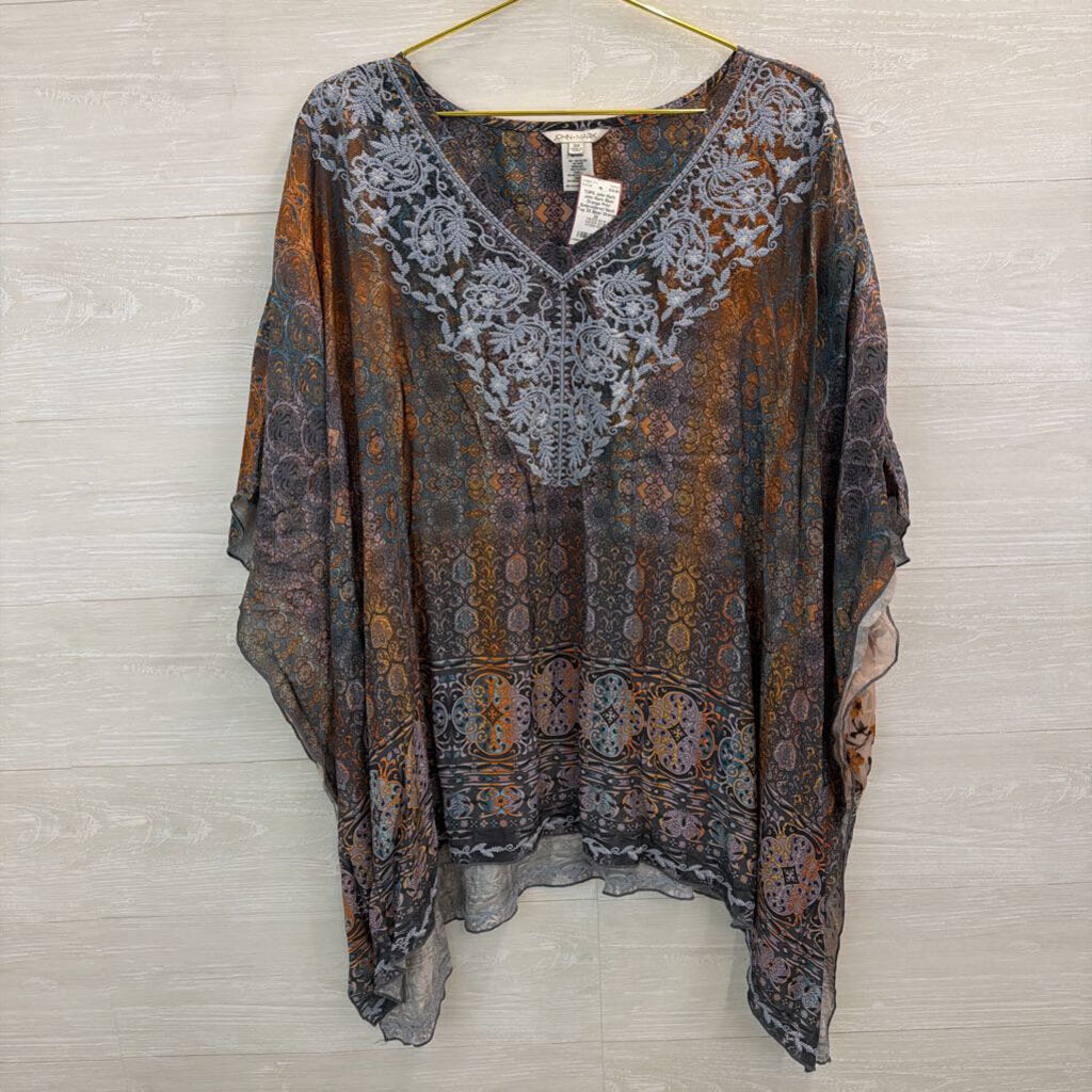 John Mark Blue/ Orange Print Embroidered Neck Top 3X