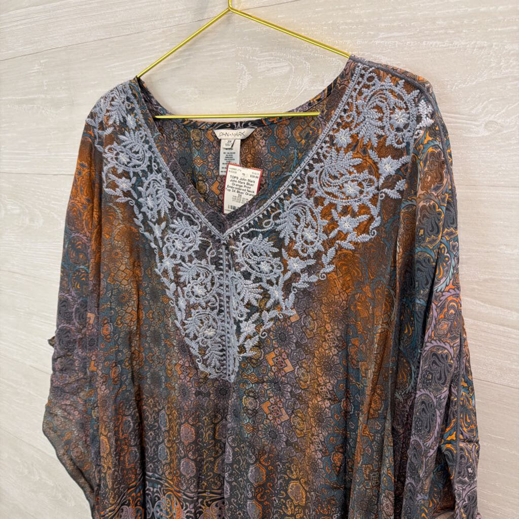 John Mark Blue/ Orange Print Embroidered Neck Top 3X