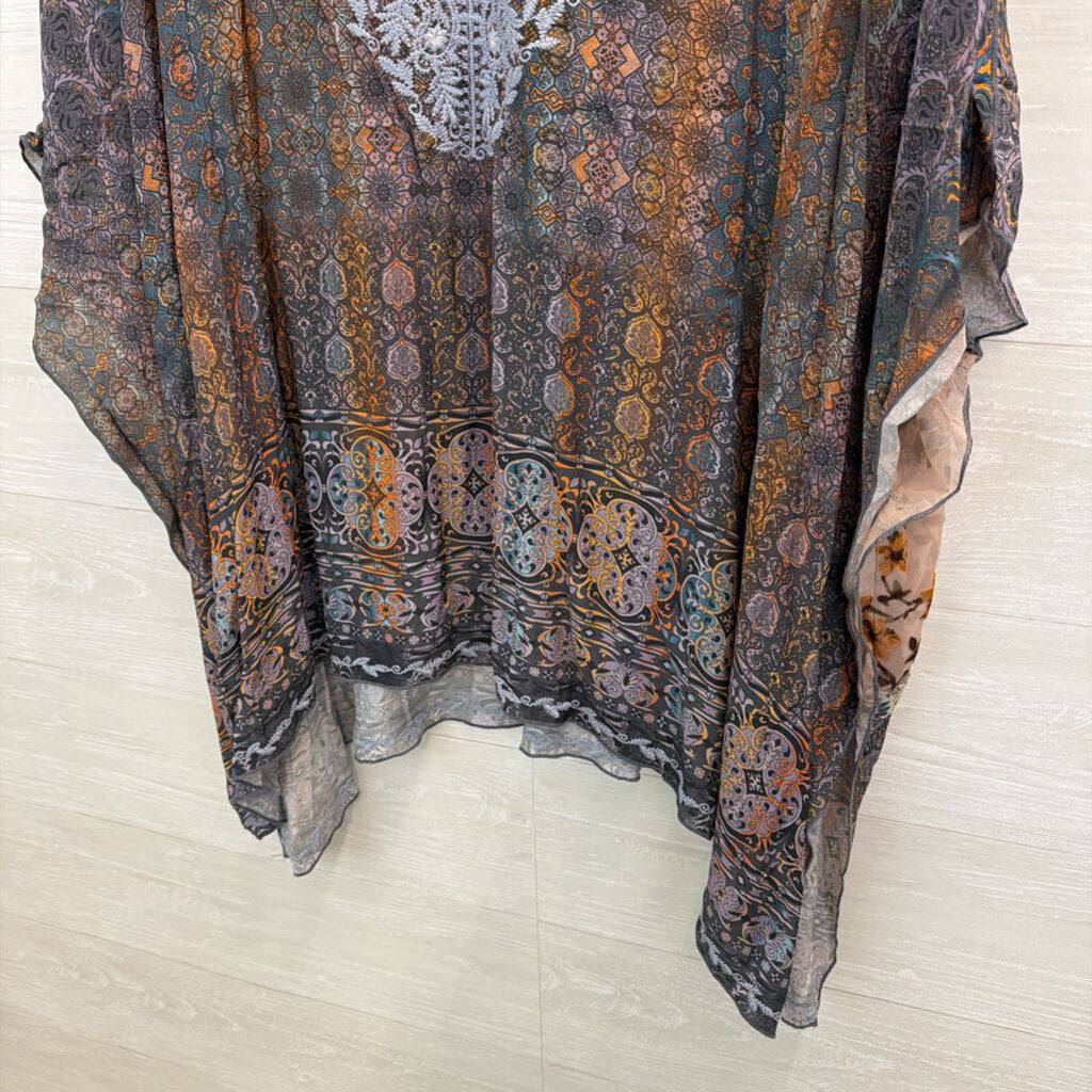 John Mark Blue/ Orange Print Embroidered Neck Top 3X