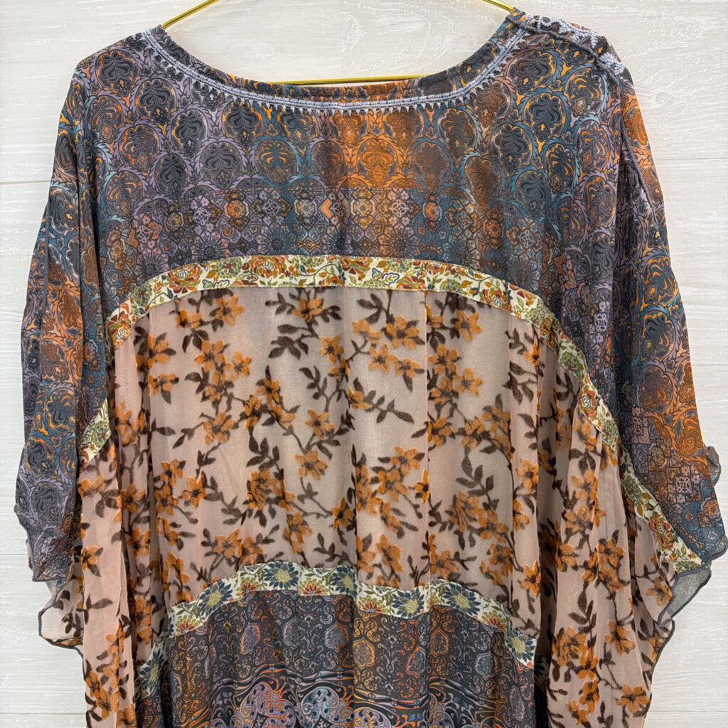 John Mark Blue/ Orange Print Embroidered Neck Top 3X