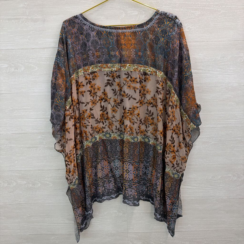 John Mark Blue/ Orange Print Embroidered Neck Top 3X