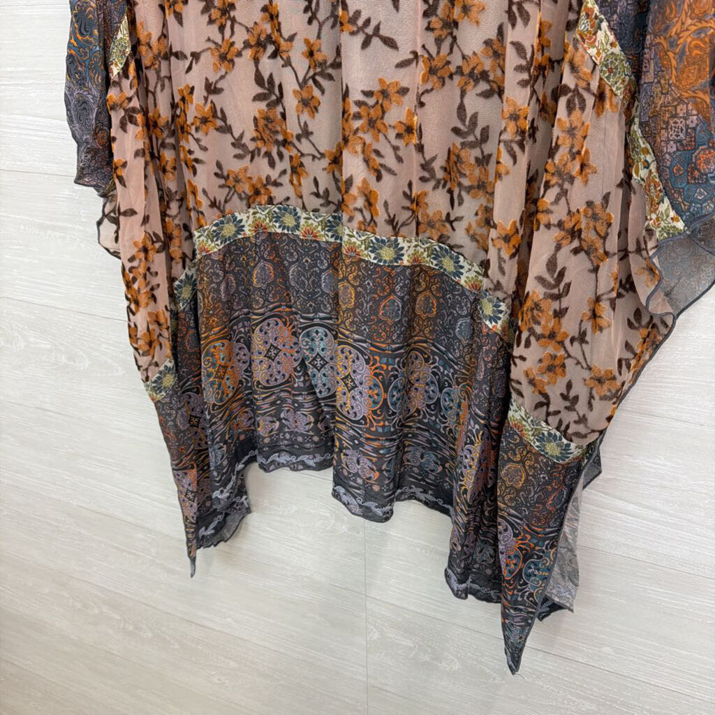 John Mark Blue/ Orange Print Embroidered Neck Top 3X