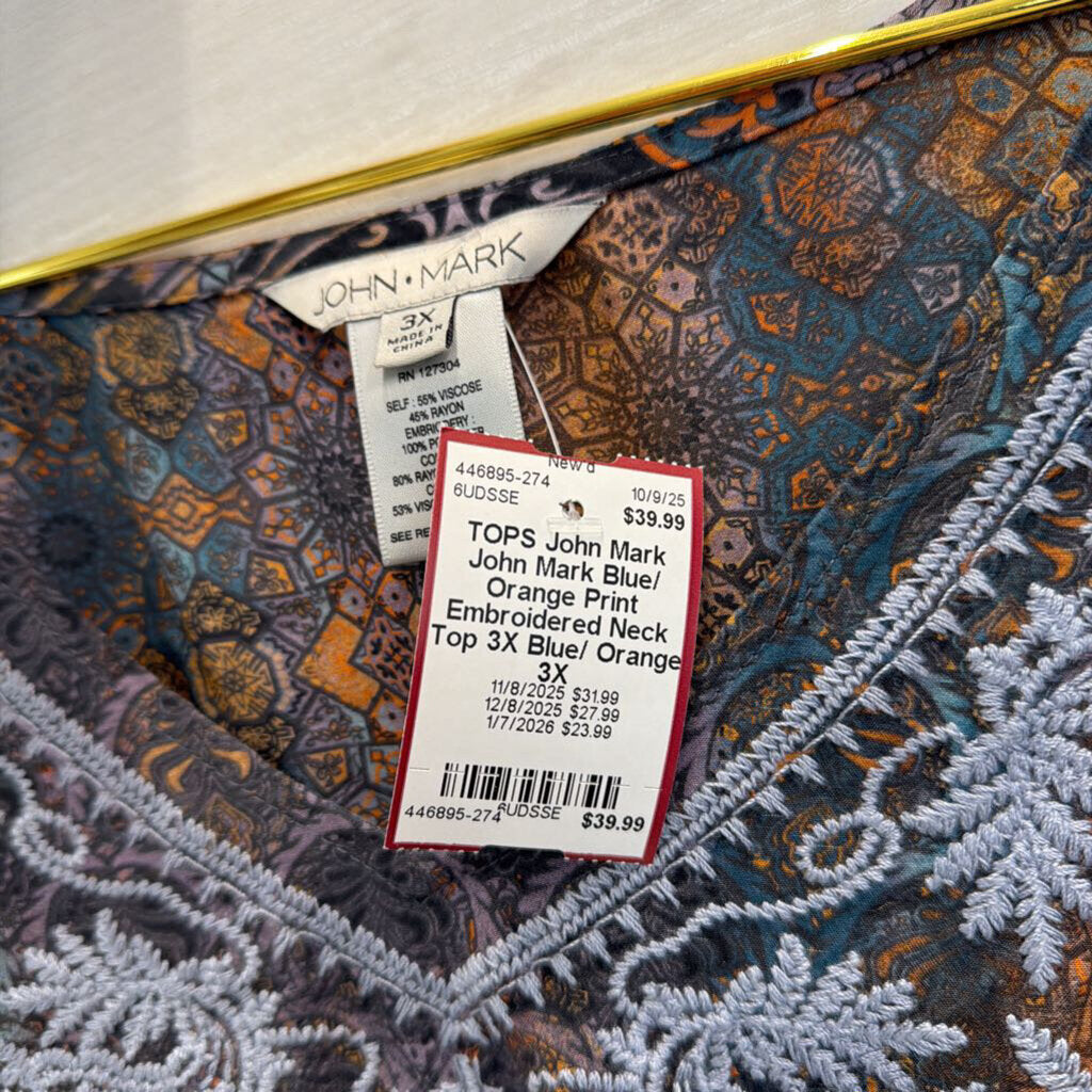 John Mark Blue/ Orange Print Embroidered Neck Top 3X