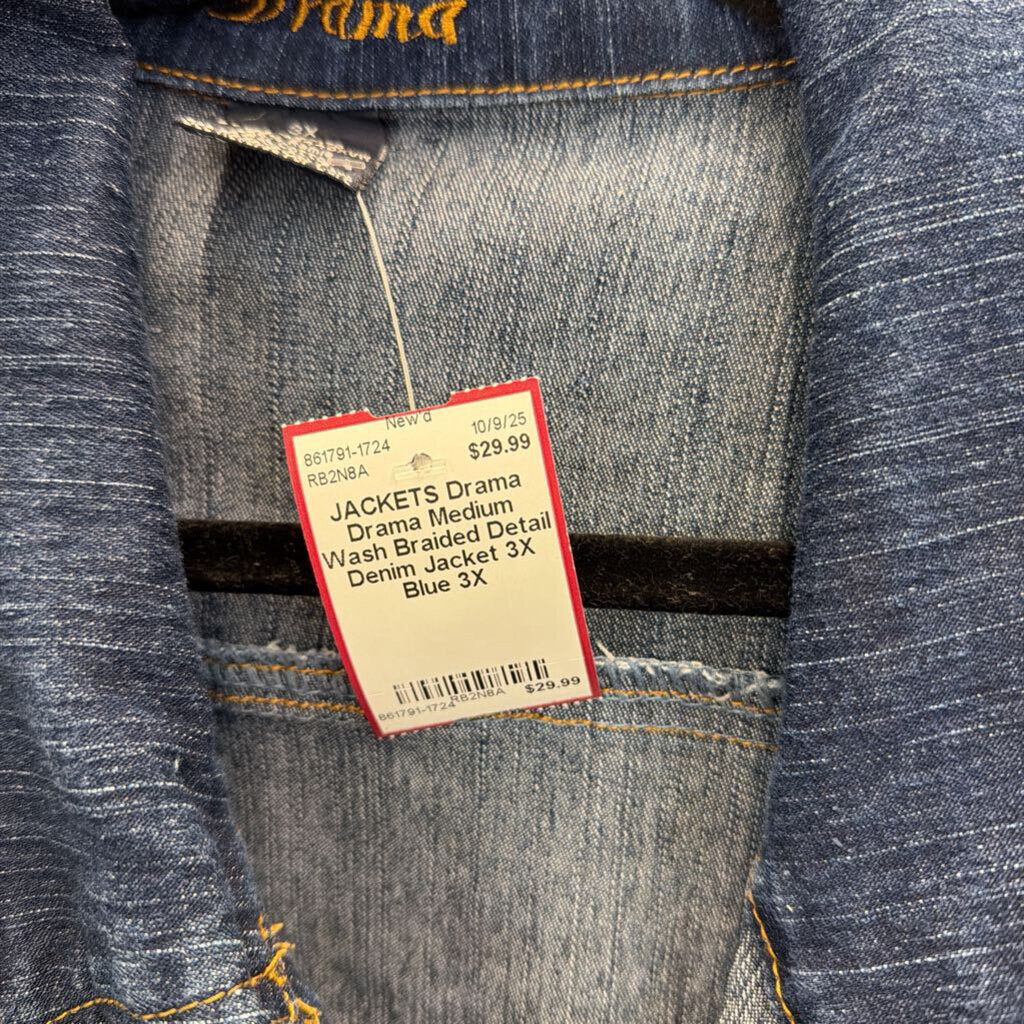 Drama Medium Wash Braided Detail Denim Jacket 3X