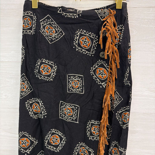 Vintage Anthony Mark Hankins Black/ Brown Print Fringe Wrap Midi Skirt 8