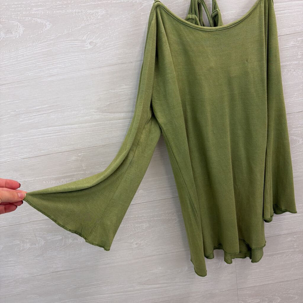 Blue Sky Green Long Sleeve Tie Back Top Medium