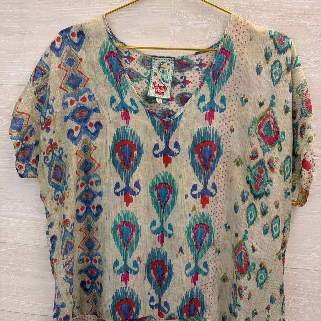 Johnny Was Blue/ Green Pasiley Print Short Sleeve Tunic Top Large