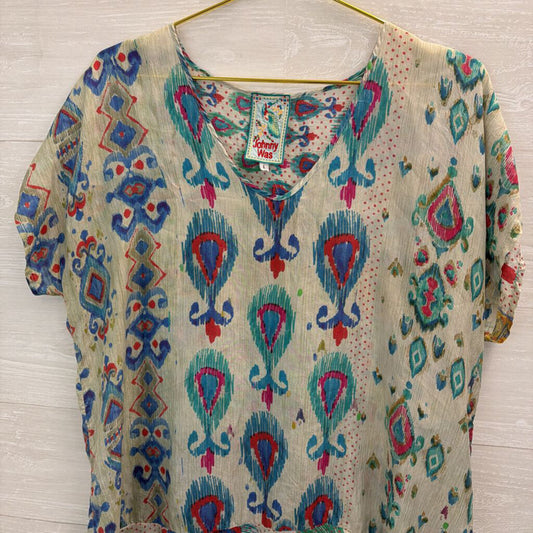 Johnny Was Blue/ Green Pasiley Print Short Sleeve Tunic Top Large