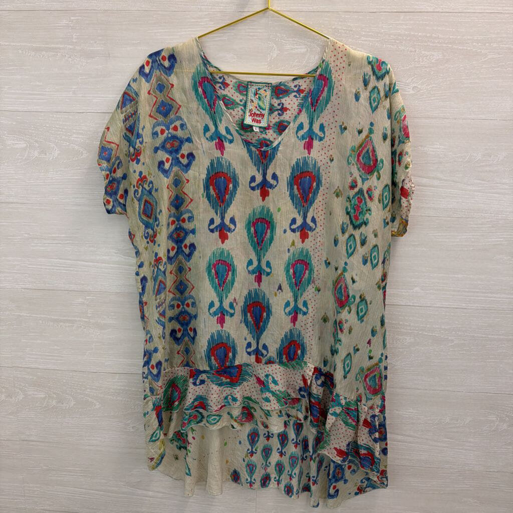 Johnny Was Blue/ Green Pasiley Print Short Sleeve Tunic Top Large