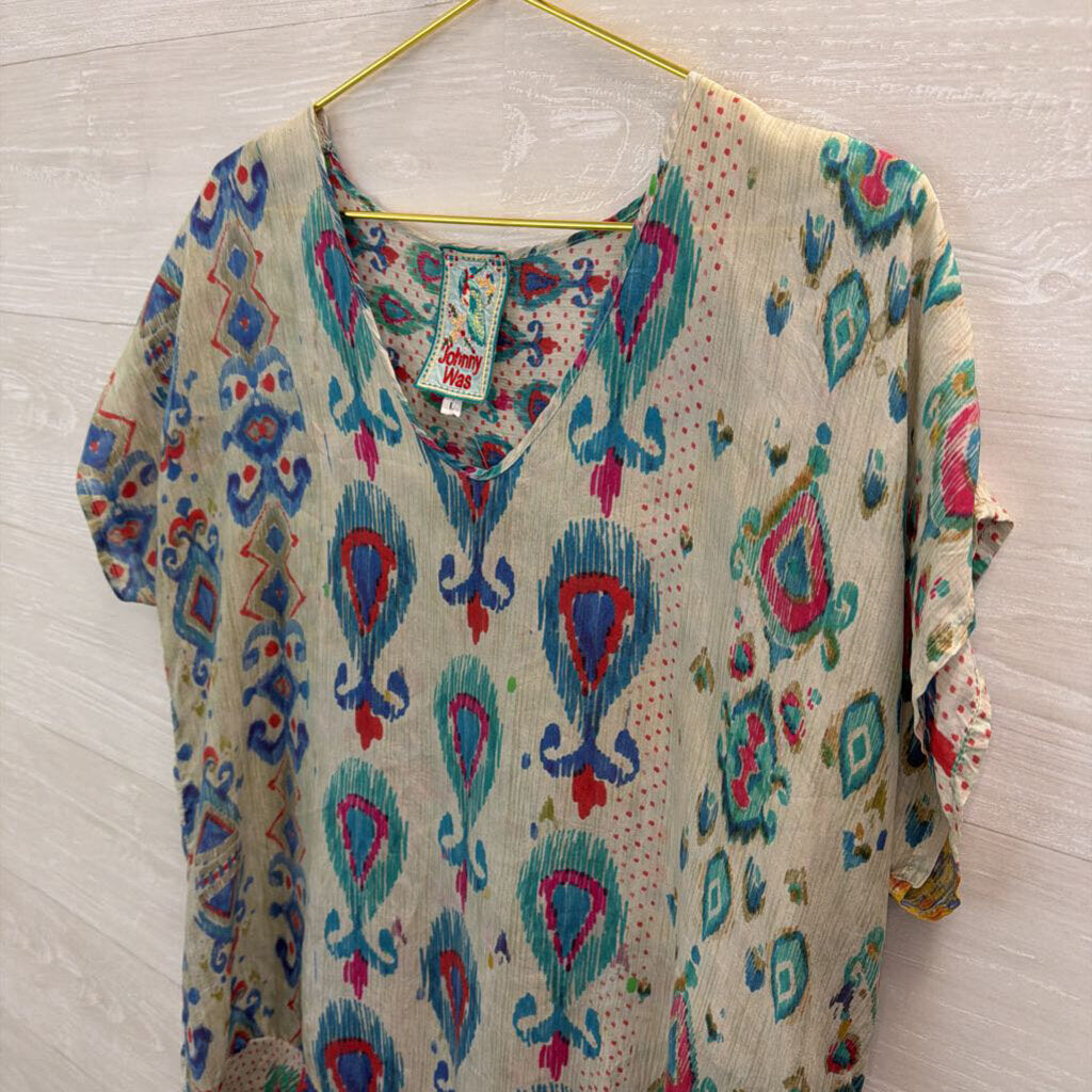 Johnny Was Blue/ Green Pasiley Print Short Sleeve Tunic Top Large