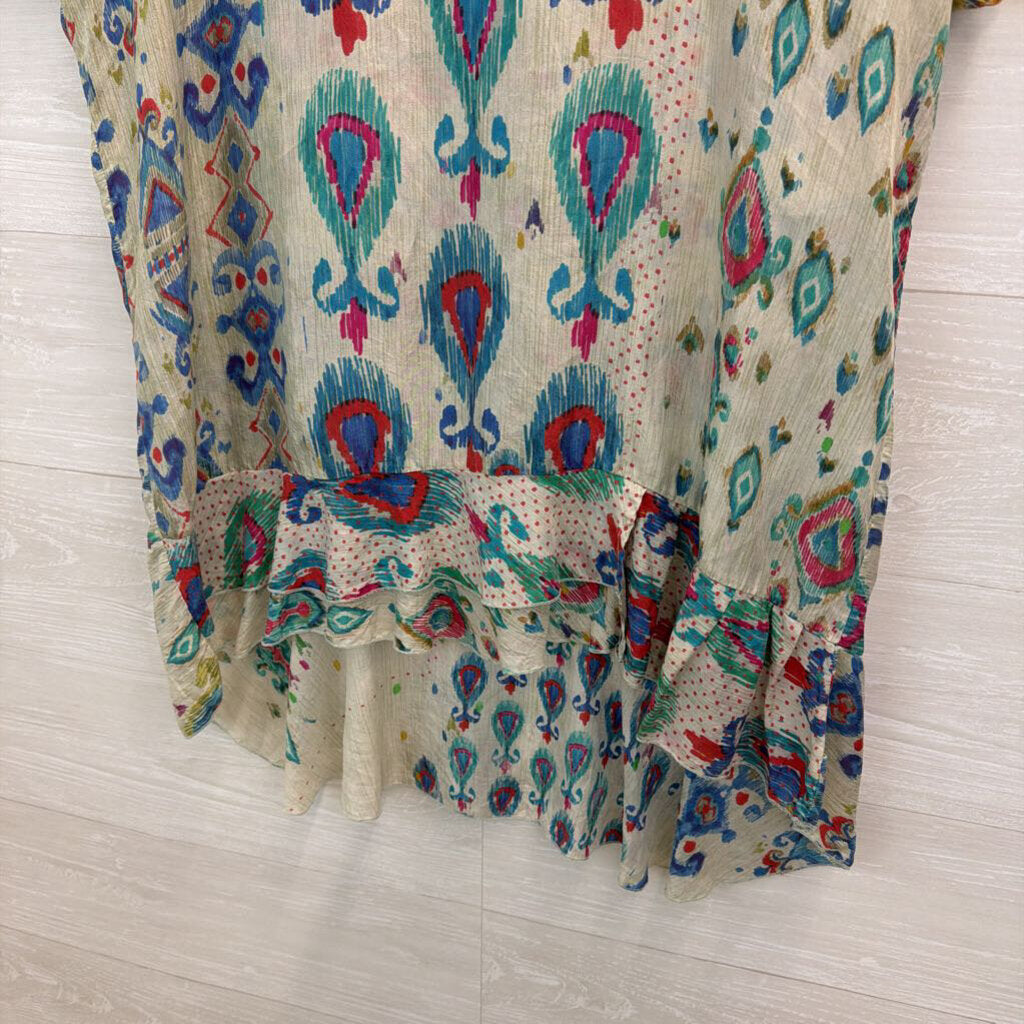 Johnny Was Blue/ Green Pasiley Print Short Sleeve Tunic Top Large