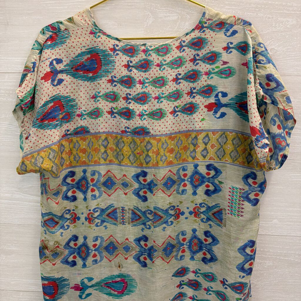 Johnny Was Blue/ Green Pasiley Print Short Sleeve Tunic Top Large