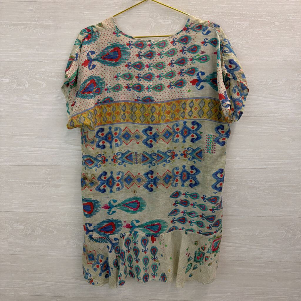 Johnny Was Blue/ Green Pasiley Print Short Sleeve Tunic Top Large