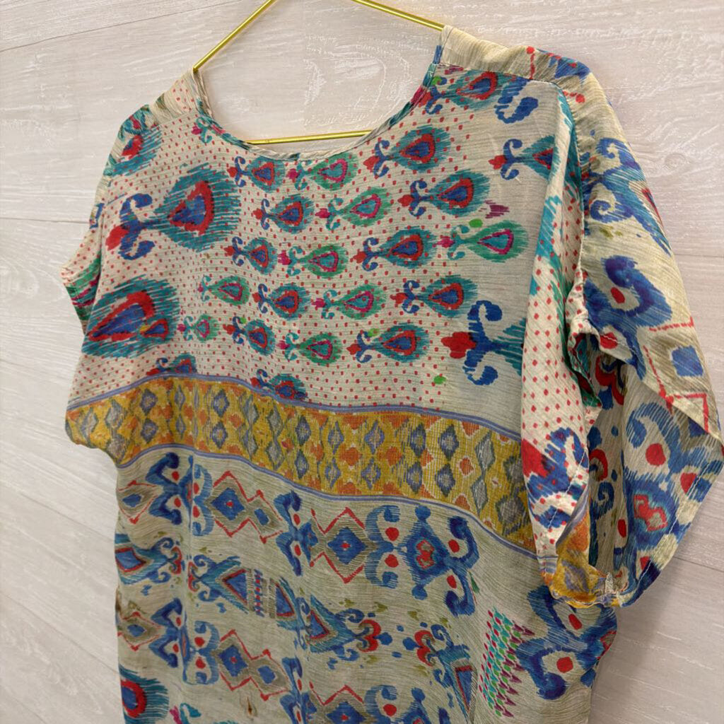 Johnny Was Blue/ Green Pasiley Print Short Sleeve Tunic Top Large