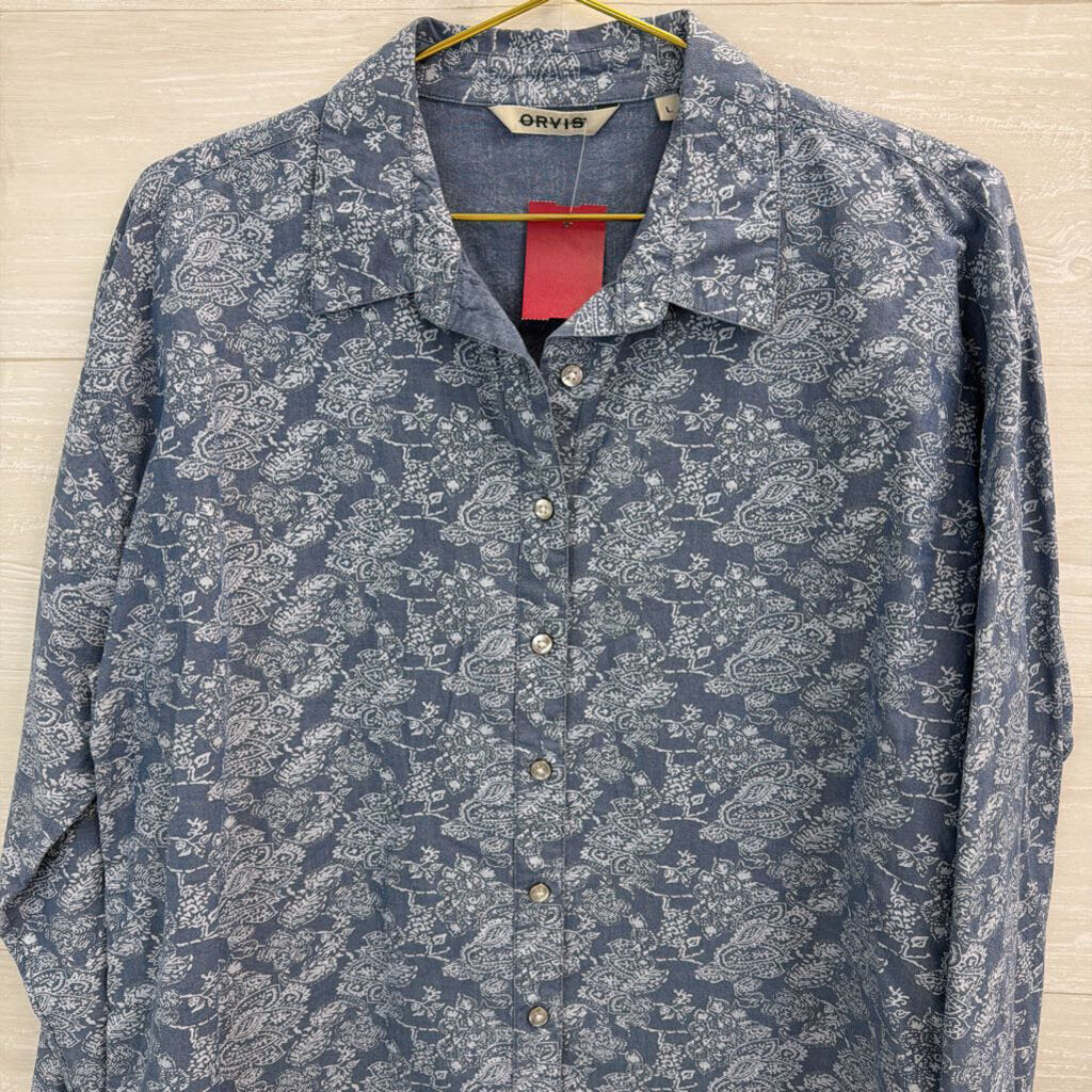 Orvis Blue Print Long Sleeve Button Down Top Large