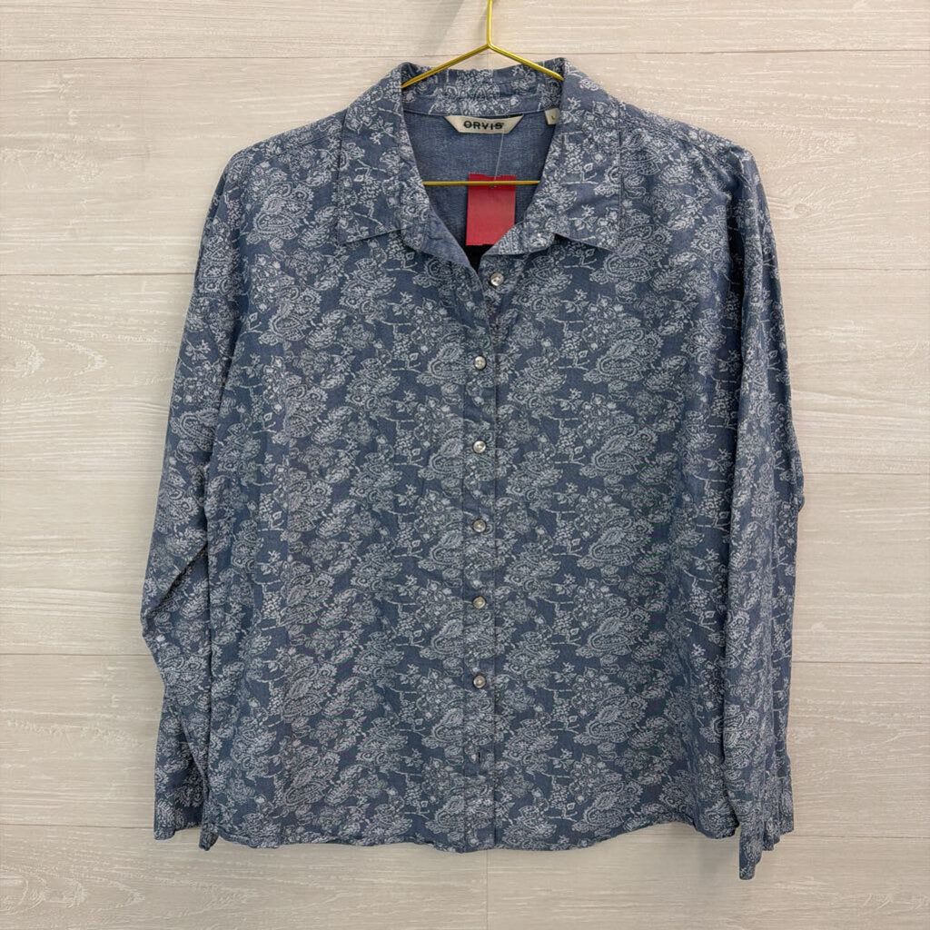 Orvis Blue Print Long Sleeve Button Down Top Large
