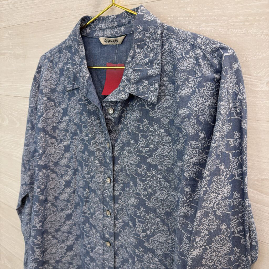 Orvis Blue Print Long Sleeve Button Down Top Large