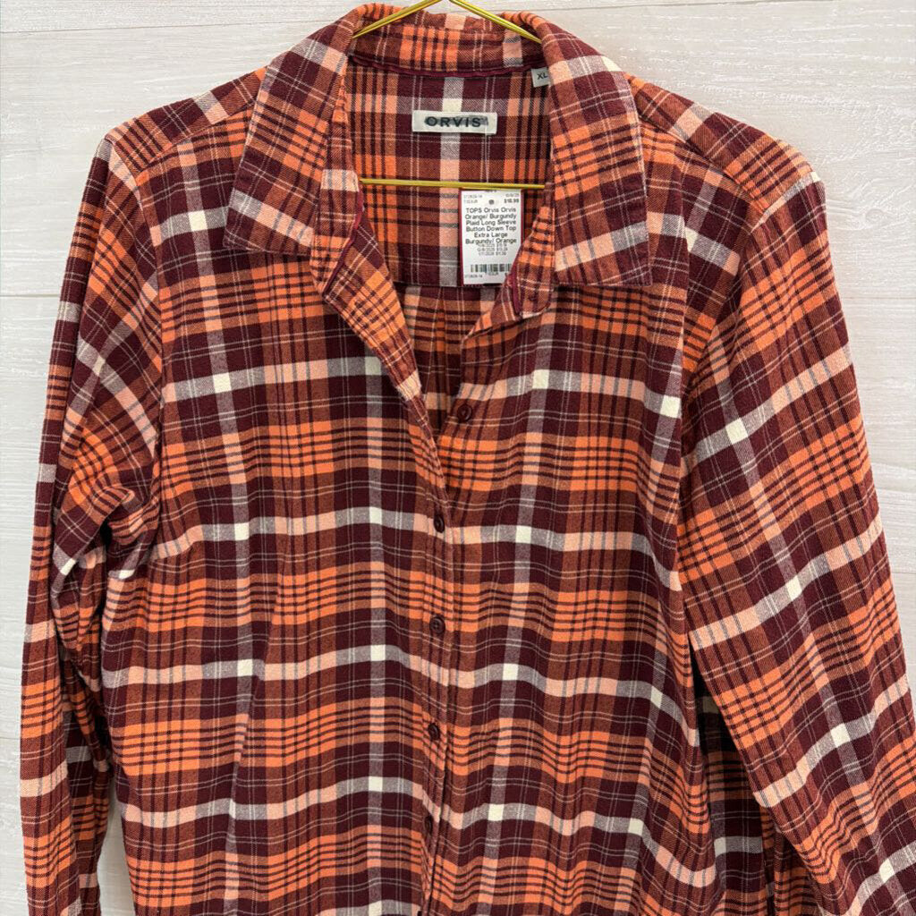 Orvis Orange/ Burgundy Plaid Long Sleeve Button Down Top Extra Large