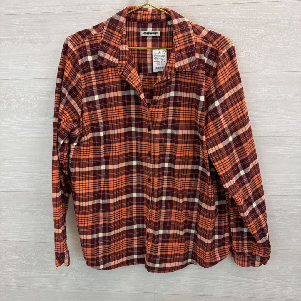 Orvis Orange/ Burgundy Plaid Long Sleeve Button Down Top Extra Large