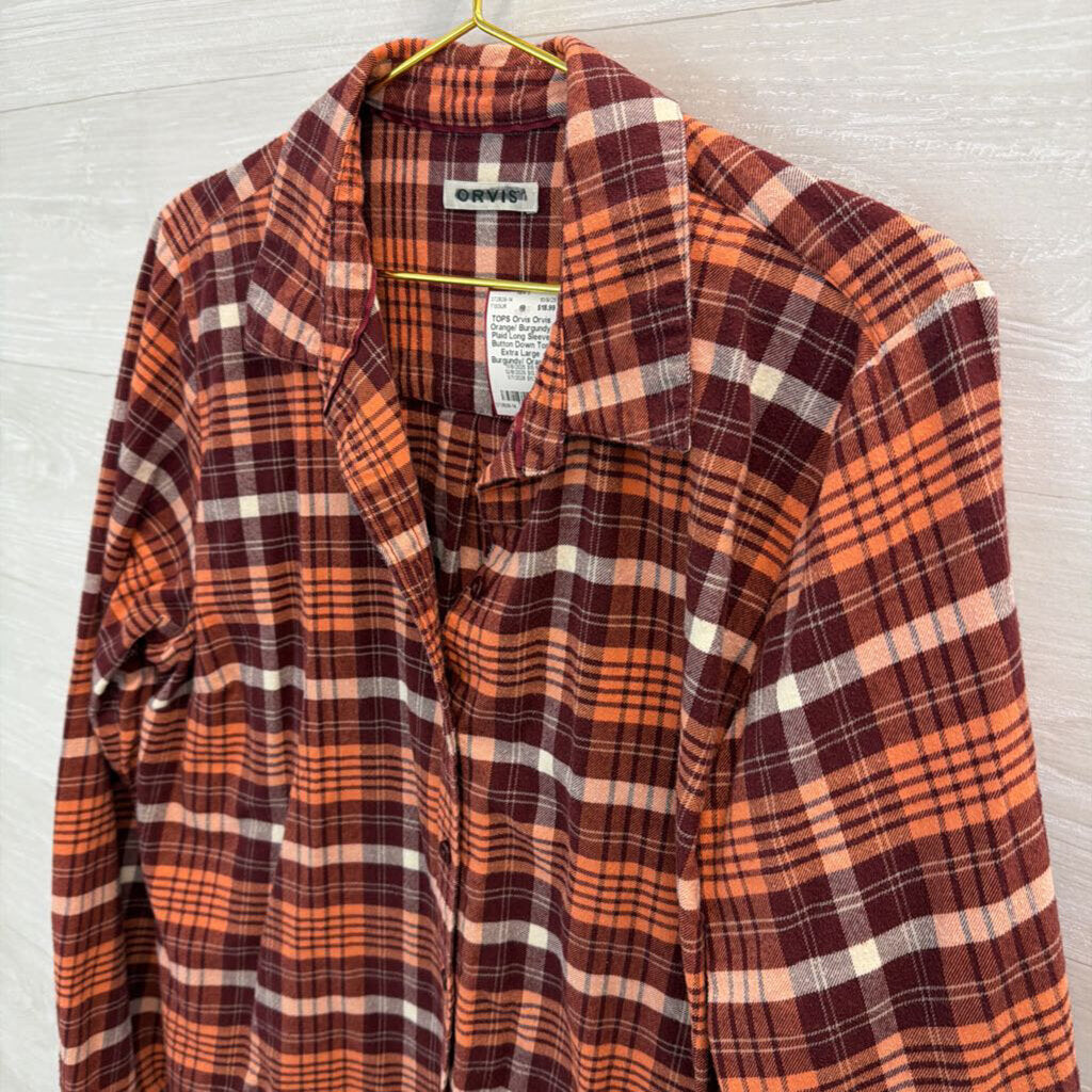 Orvis Orange/ Burgundy Plaid Long Sleeve Button Down Top Extra Large