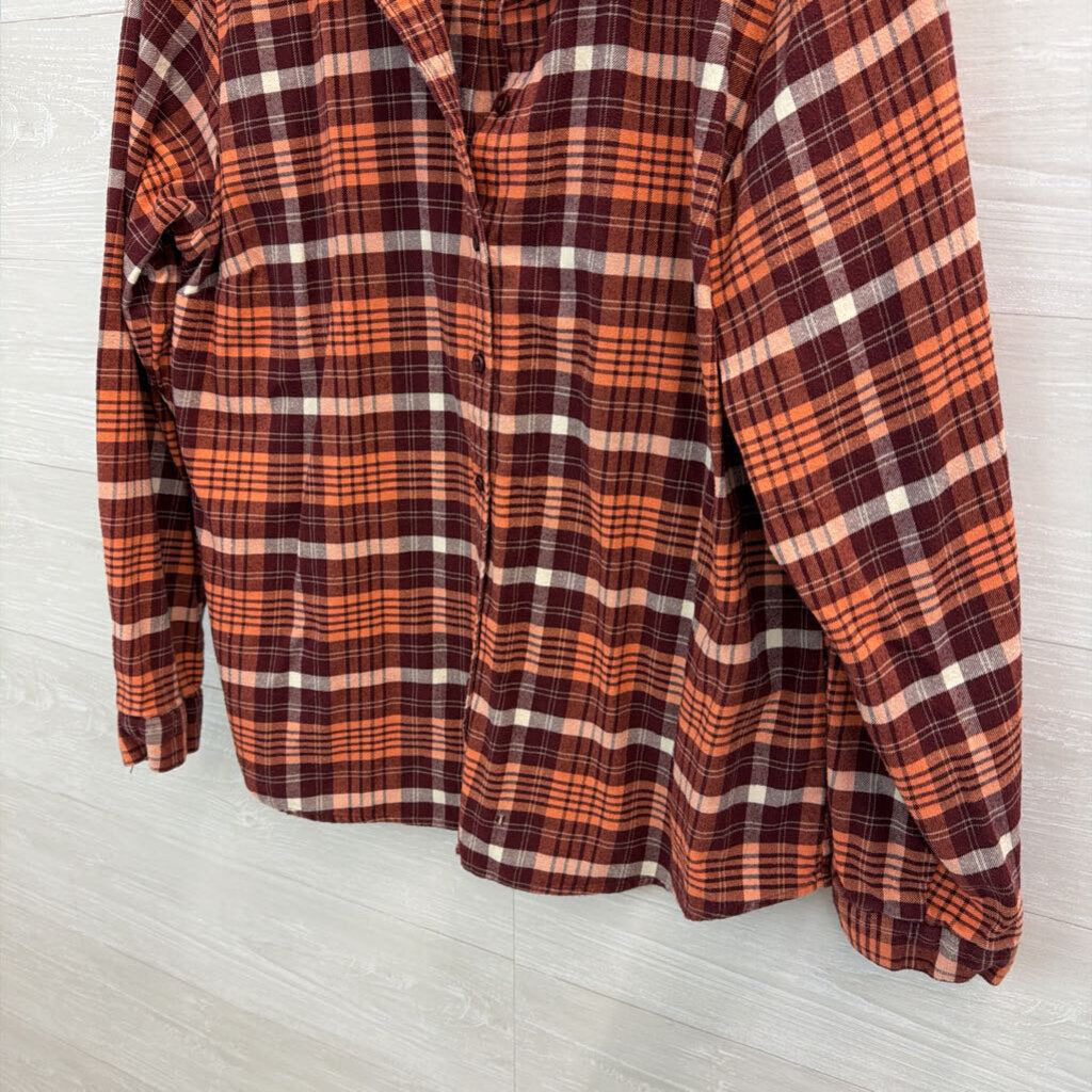 Orvis Orange/ Burgundy Plaid Long Sleeve Button Down Top Extra Large