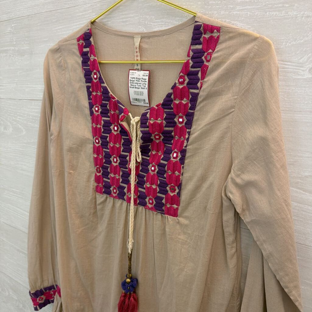 Raga Beige/ Pink/ Purple Embroidered Long Sleeve Tunic Top Small