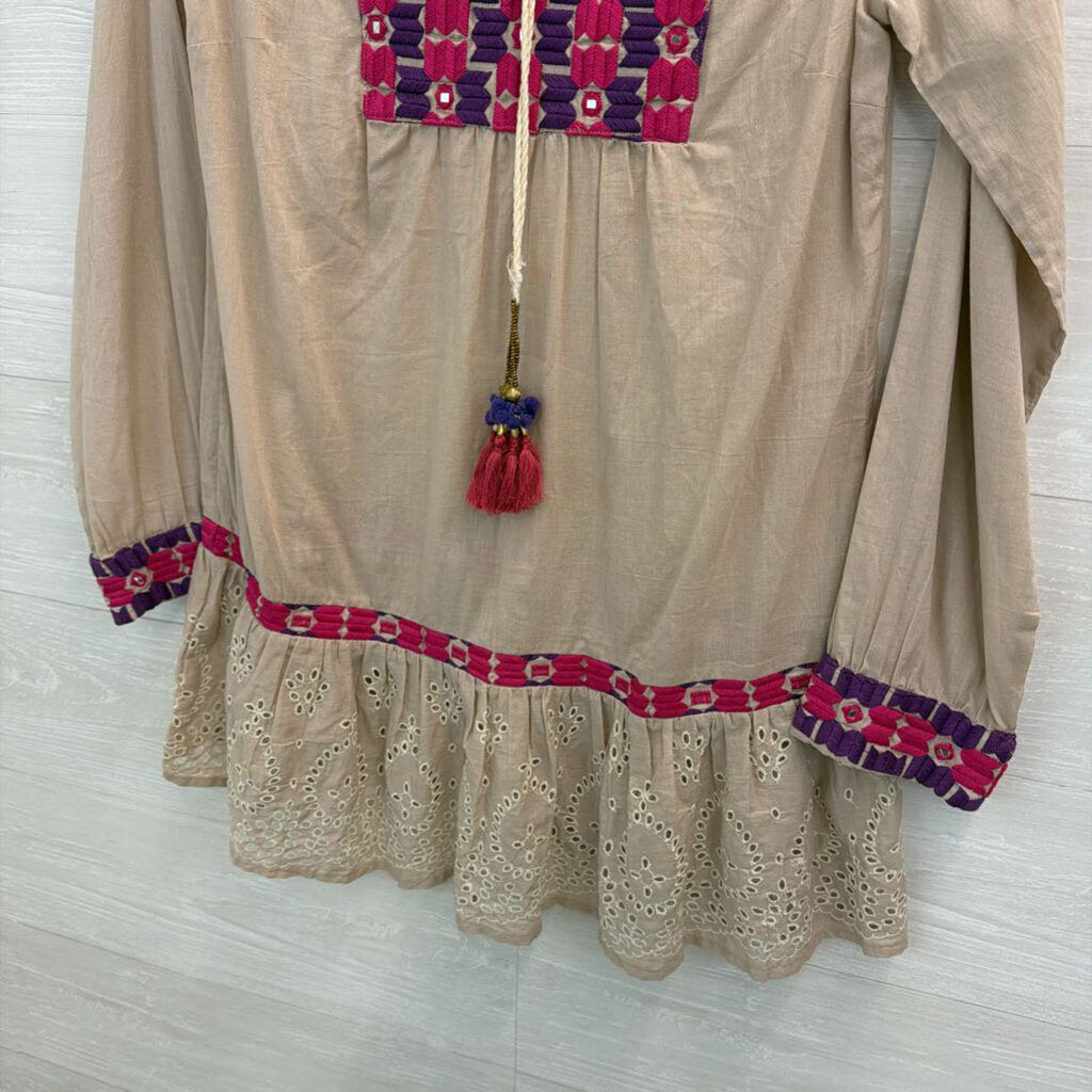 Raga Beige/ Pink/ Purple Embroidered Long Sleeve Tunic Top Small