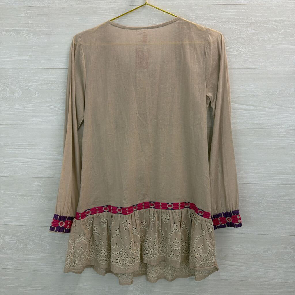 Raga Beige/ Pink/ Purple Embroidered Long Sleeve Tunic Top Small