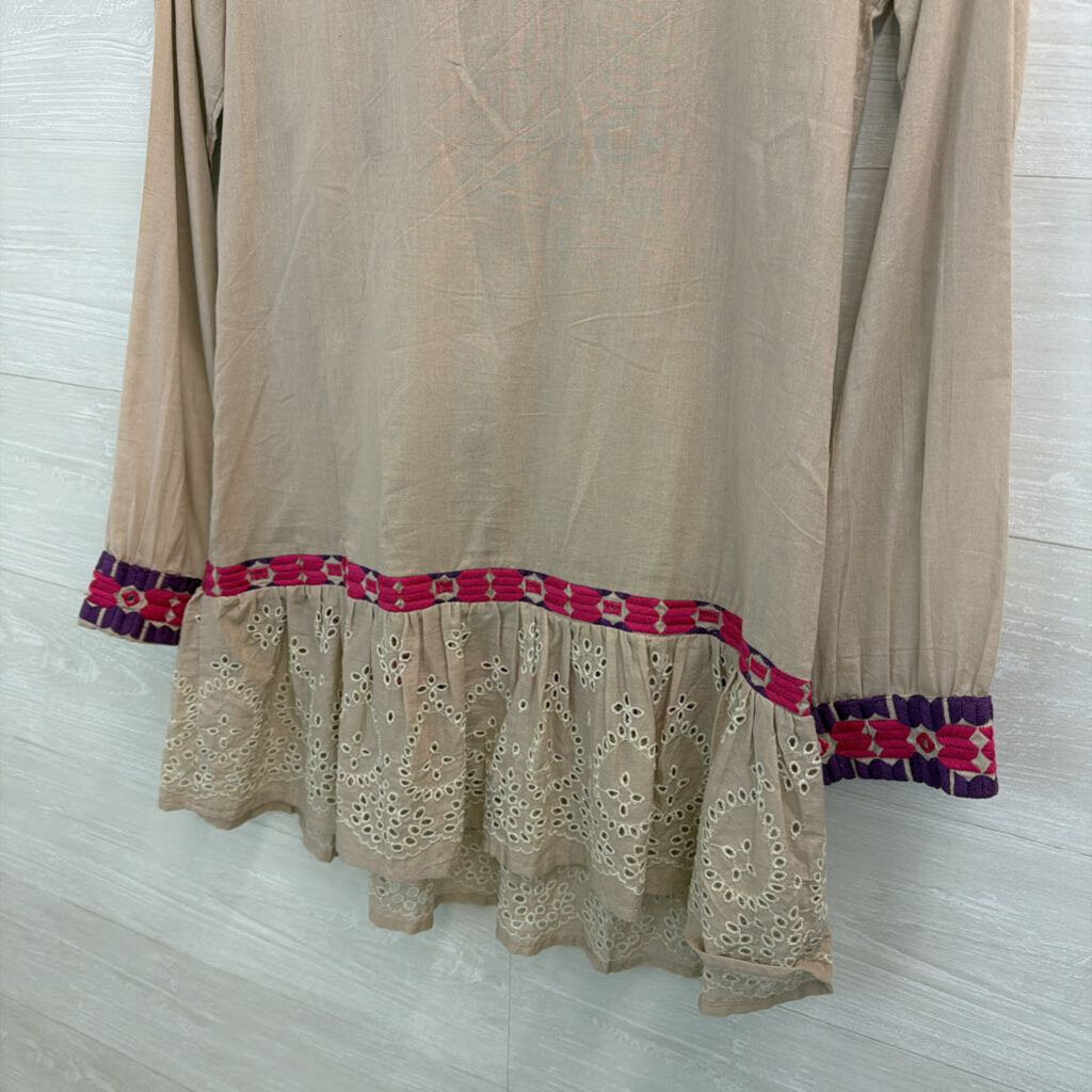 Raga Beige/ Pink/ Purple Embroidered Long Sleeve Tunic Top Small