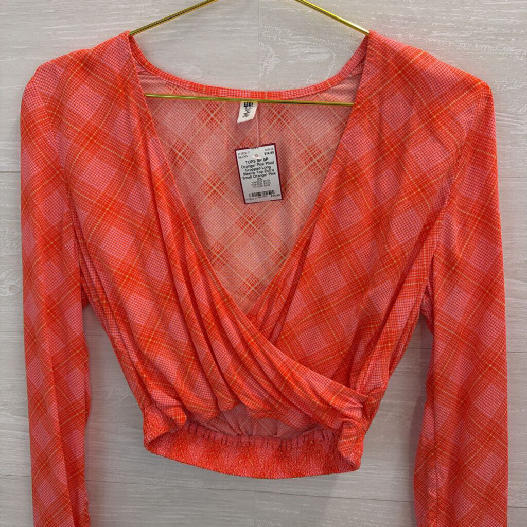BP Orange/ Pink Plaid Cropped Long Sleeve Top Extra Small