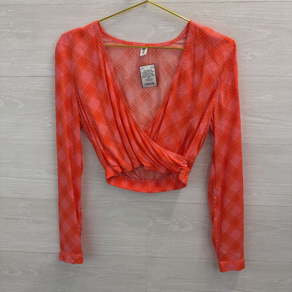 BP Orange/ Pink Plaid Cropped Long Sleeve Top Extra Small