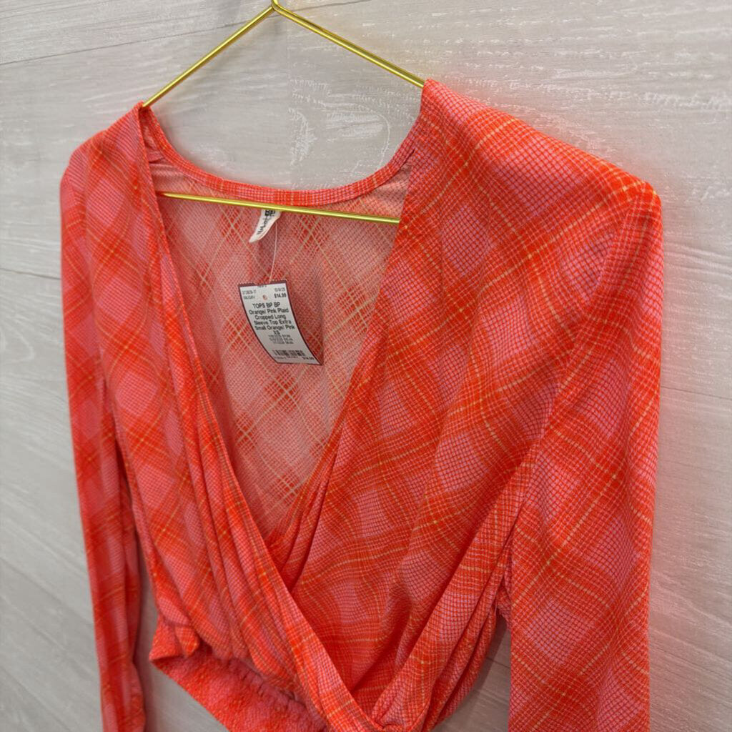 BP Orange/ Pink Plaid Cropped Long Sleeve Top Extra Small