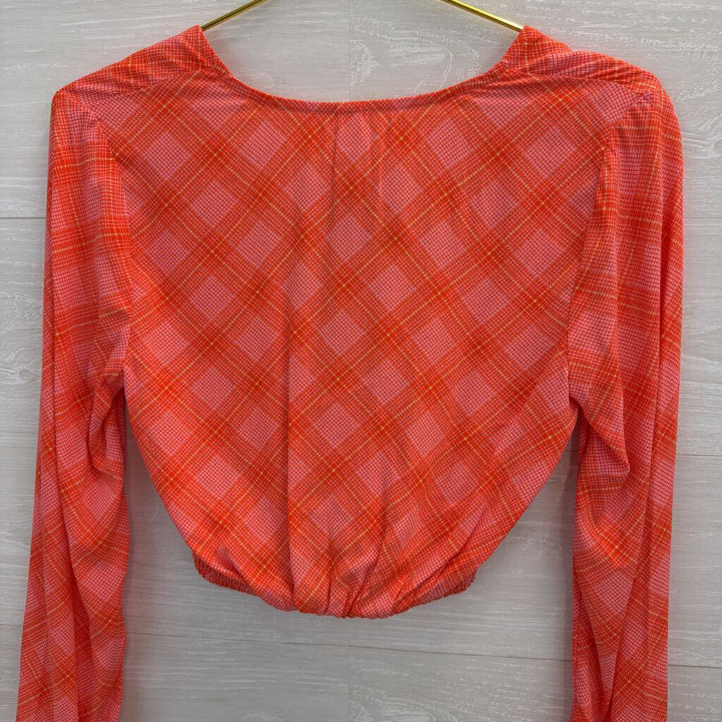 BP Orange/ Pink Plaid Cropped Long Sleeve Top Extra Small