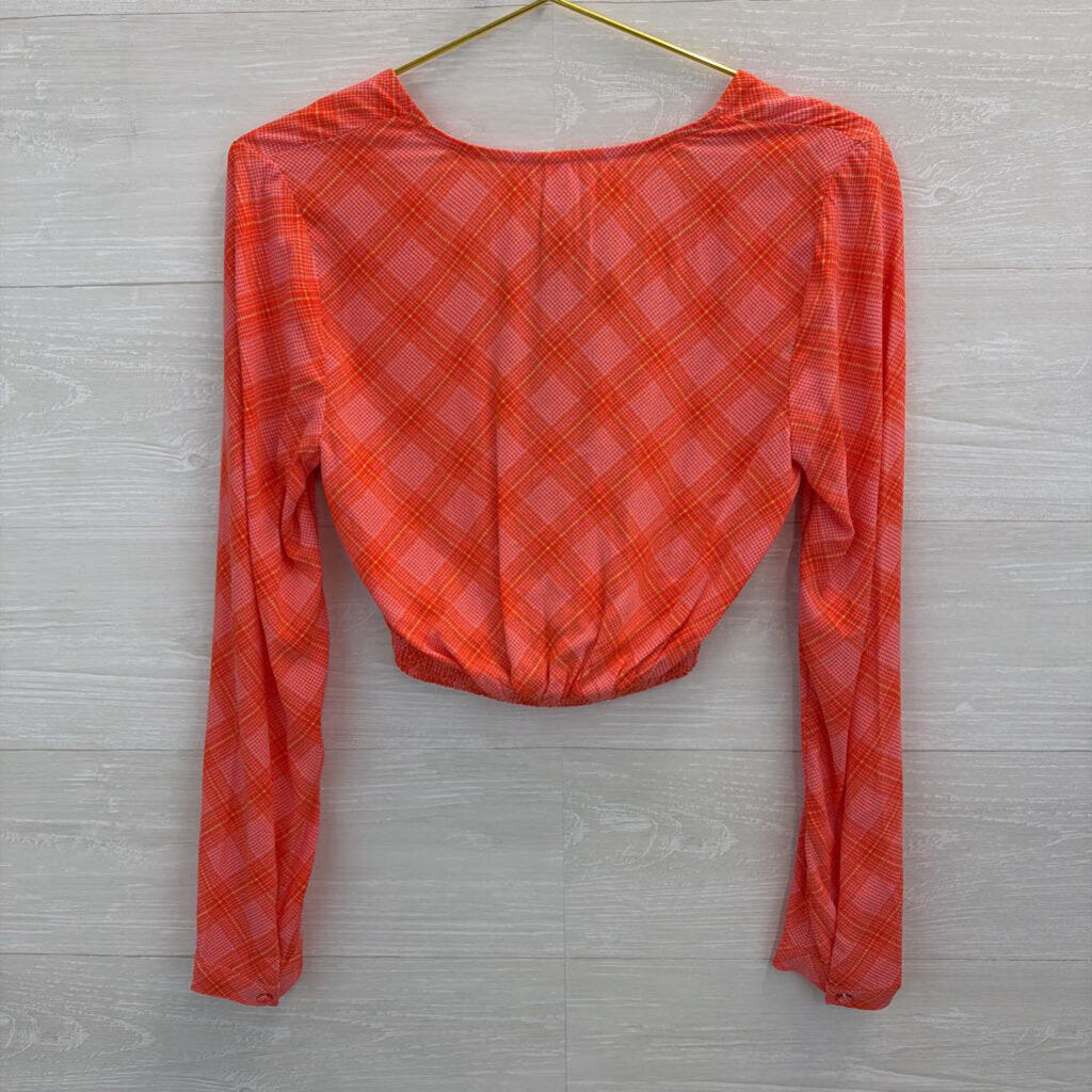 BP Orange/ Pink Plaid Cropped Long Sleeve Top Extra Small