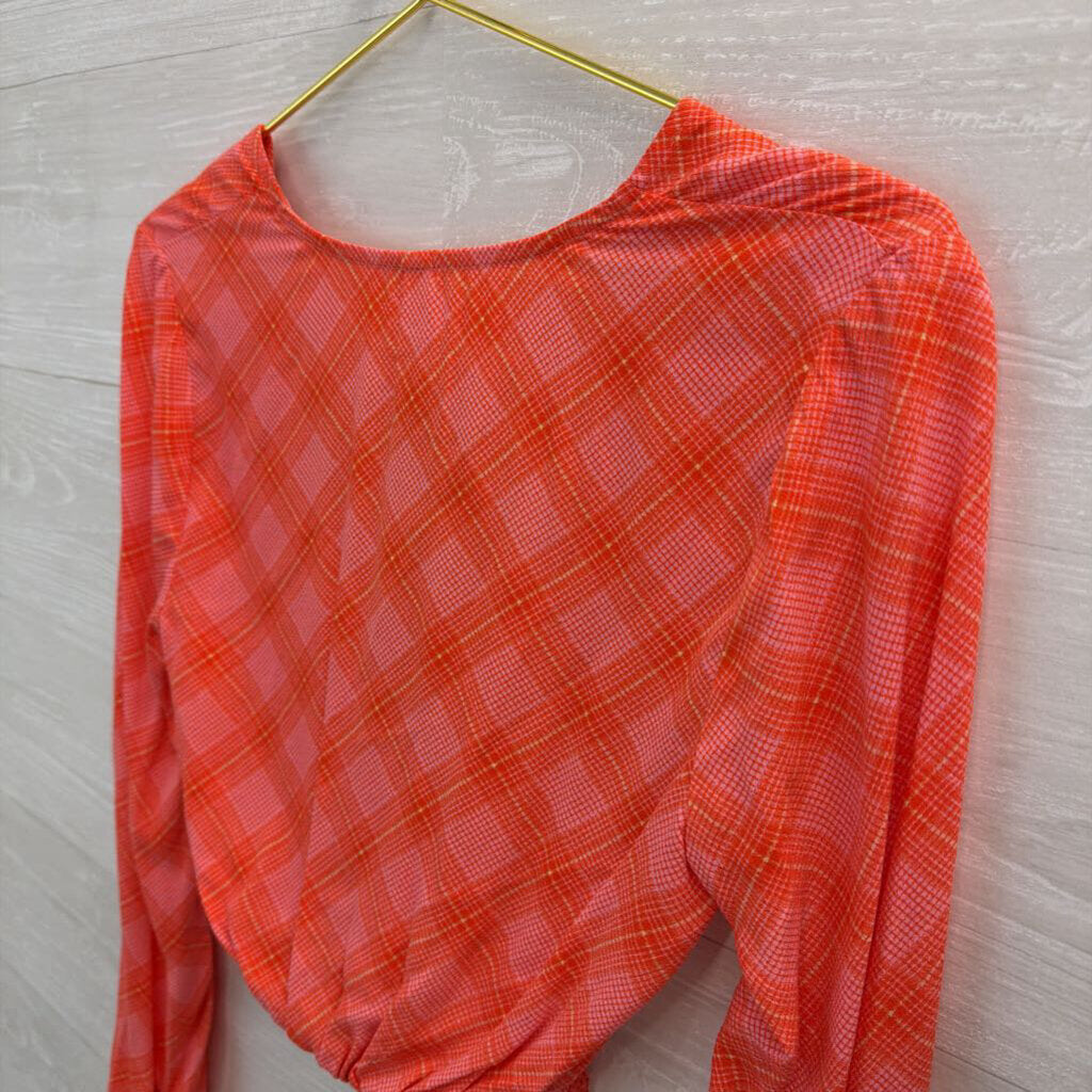 BP Orange/ Pink Plaid Cropped Long Sleeve Top Extra Small