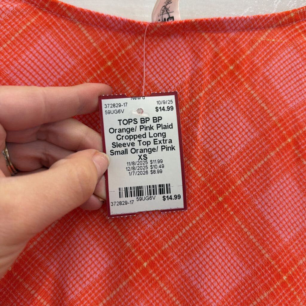BP Orange/ Pink Plaid Cropped Long Sleeve Top Extra Small