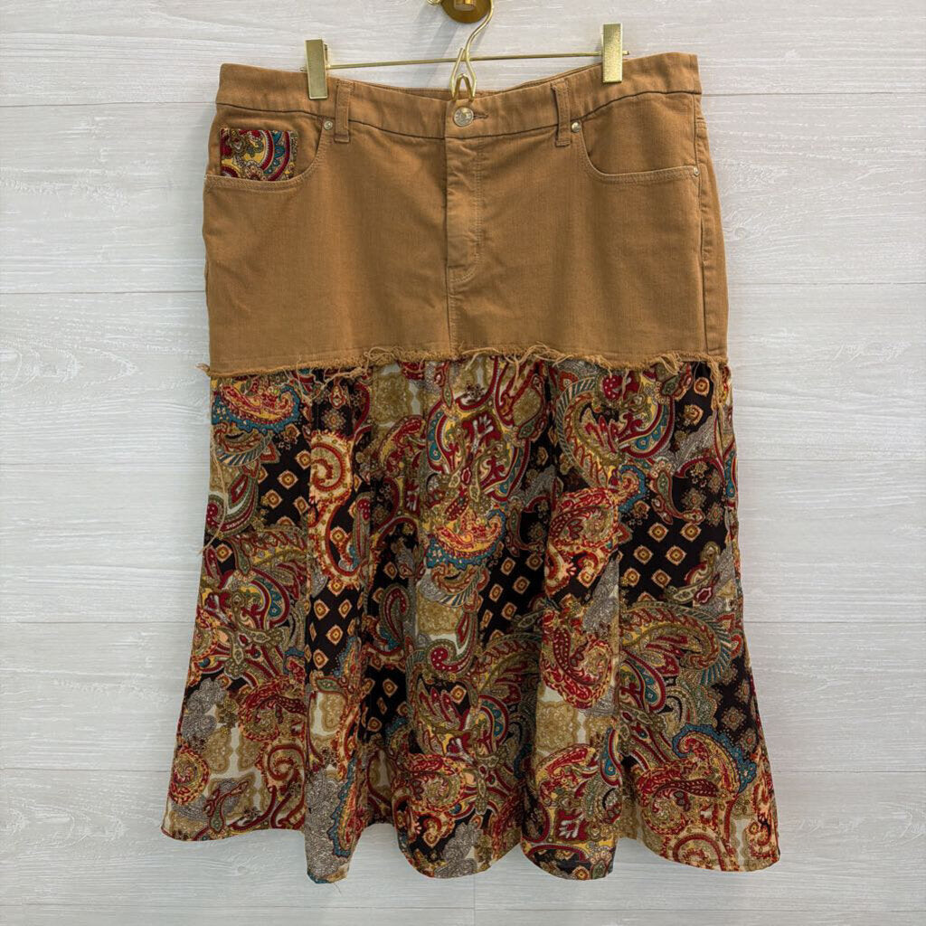 Chicos Brown/ Multi Paisley Hem Midi Skirt Extra Large