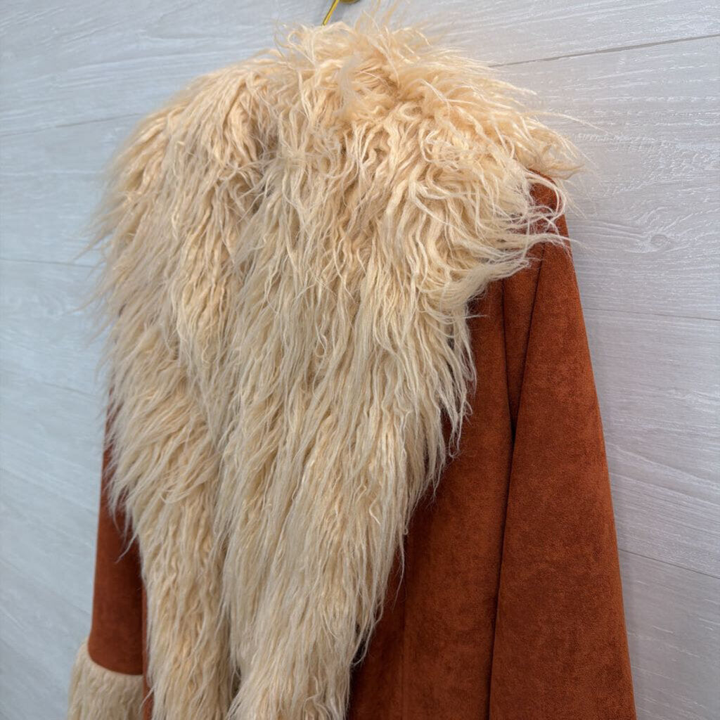 Spell and the Gypsy Orange Suede/ Cream Faux Fur Lined Joan Long Jacket Small/ Medium