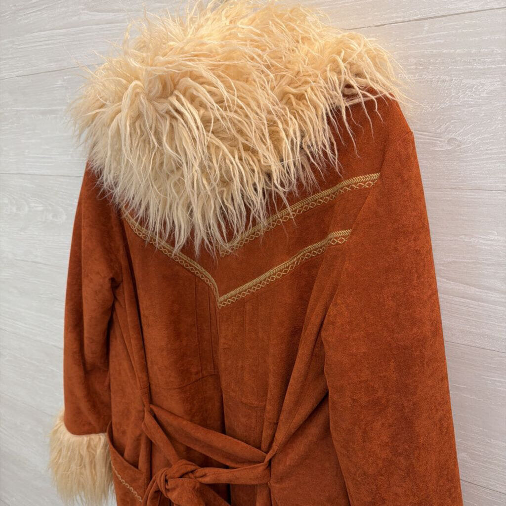 Spell and the Gypsy Orange Suede/ Cream Faux Fur Lined Joan Long Jacket Small/ Medium