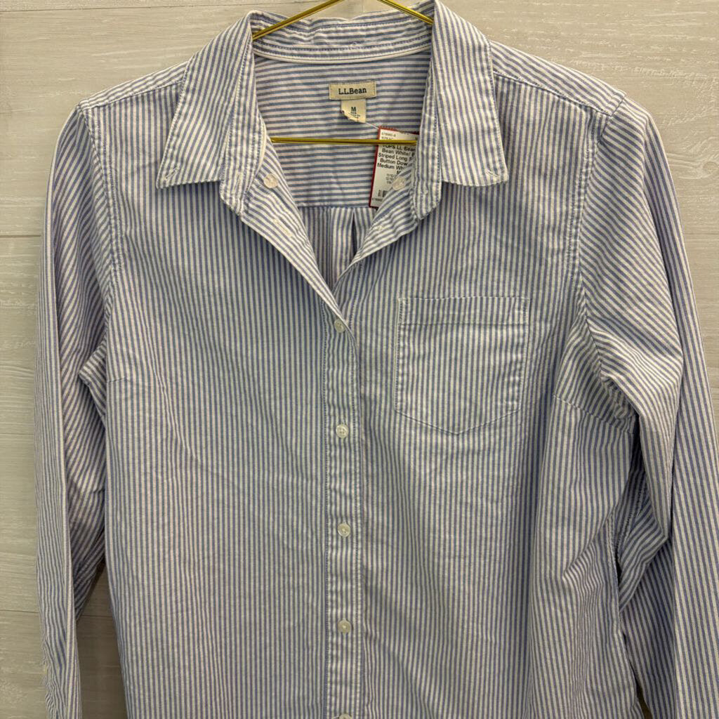 LL Bean White/ Blue Striped Long Sleeve Button Down Top Medium