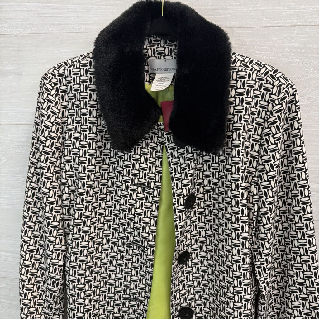 Sharon Young Black/ White Print Fur Trim Jacket 12