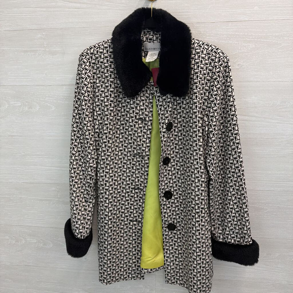 Sharon Young Black/ White Print Fur Trim Jacket 12