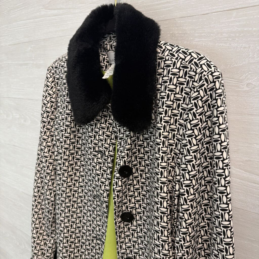 Sharon Young Black/ White Print Fur Trim Jacket 12