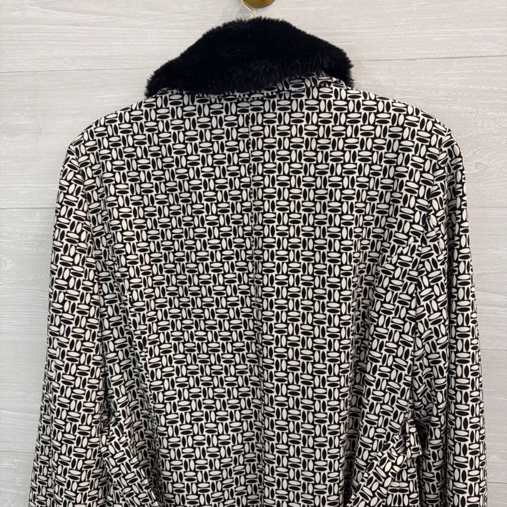 Sharon Young Black/ White Print Fur Trim Jacket 12