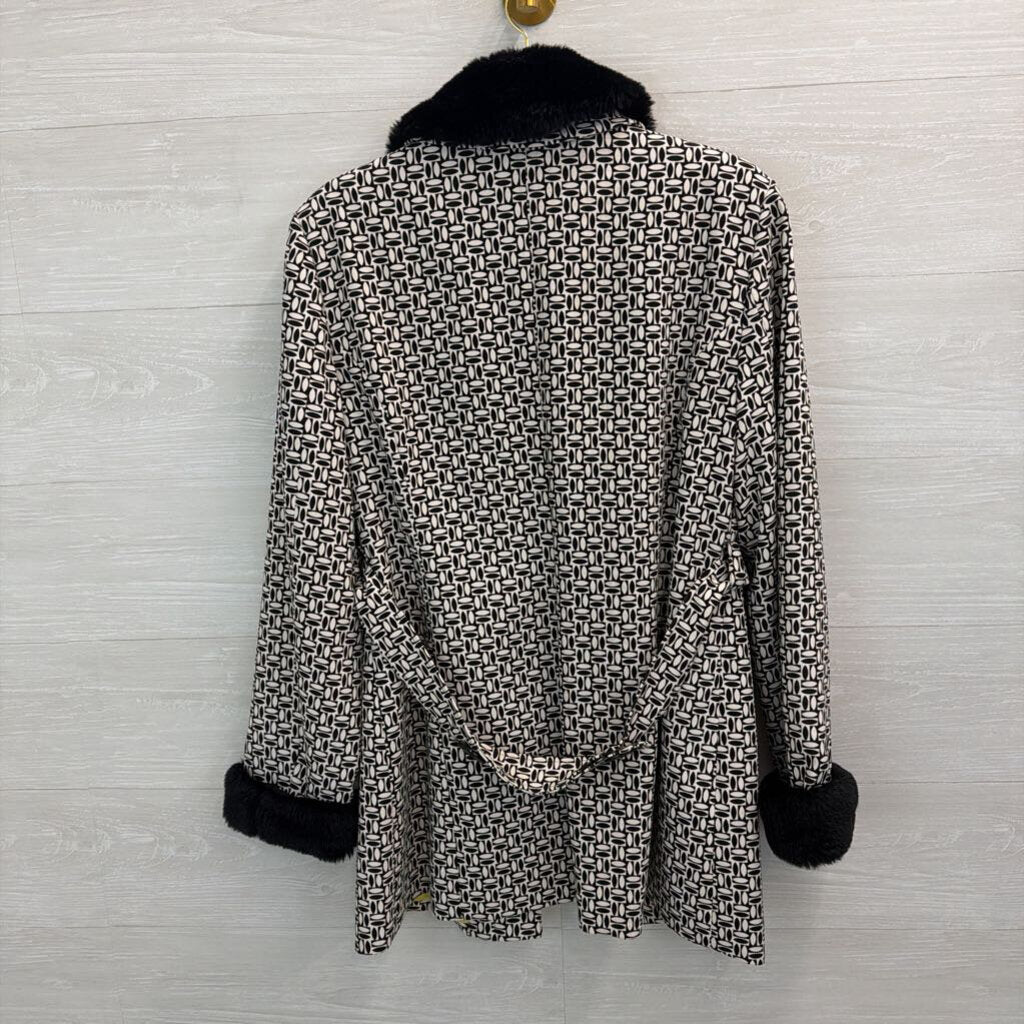 Sharon Young Black/ White Print Fur Trim Jacket 12